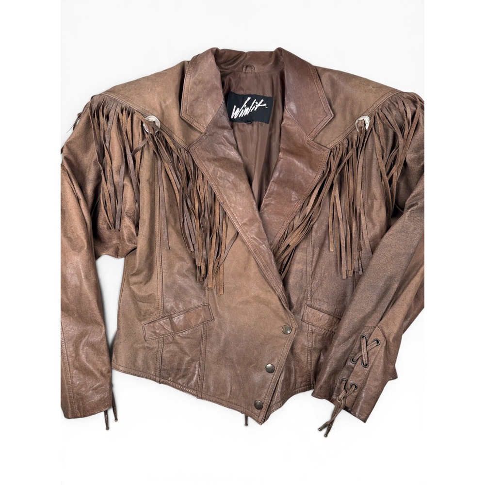 Vintage Winlit Leather Fringe Western Jacket Women's L Brown Concho Cowgirl